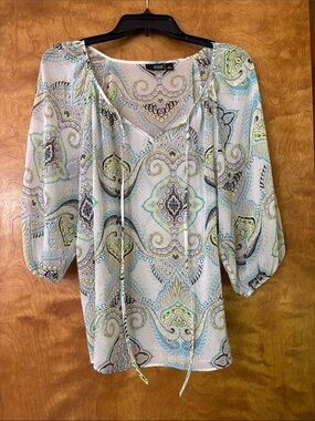 a.n.a Light Blue and Cream Paisley Tie-Front Peasant Blouse